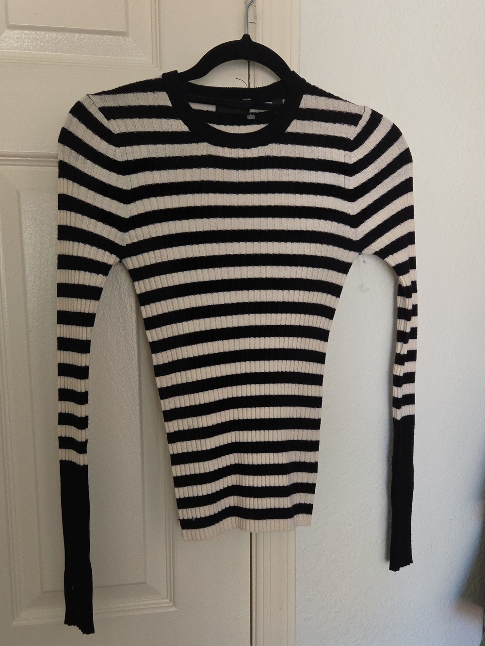 ATM Marino Wool Black & White Striped Ribbed Long-Sleeve Sweater S